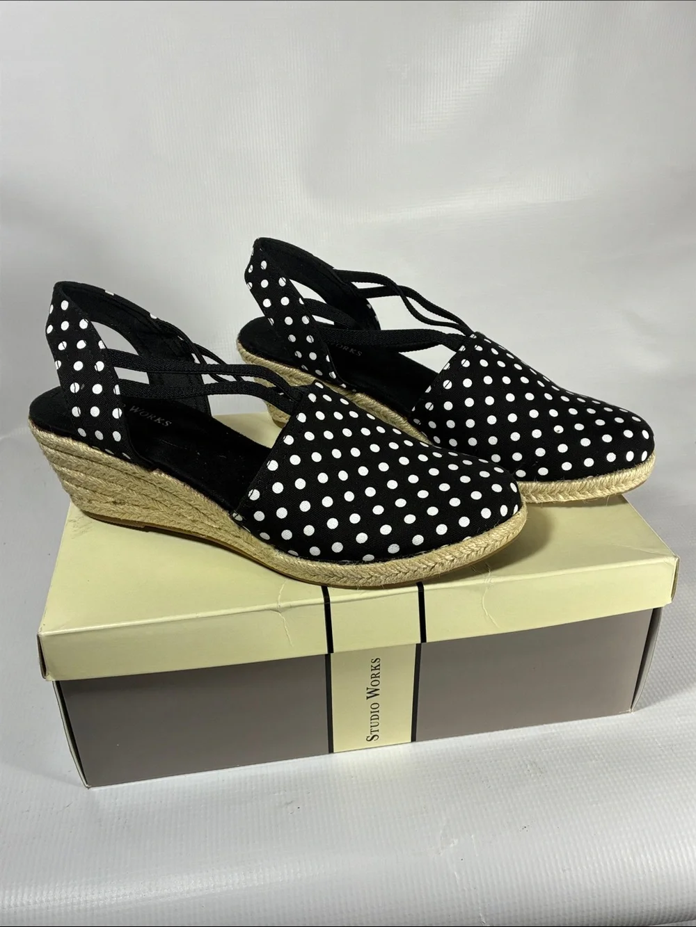 Studio Works Black and White Polka Dot Espadrille Wedge Slingbacks